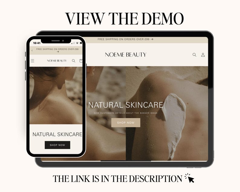 May include: A screenshot of a website for a beauty brand called "Noeme Beauty". The website features a photo of a person's back with natural skincare product applied to the skin. The text "Natural Skincare" is displayed on the website, along with a button that says "Shop Now".