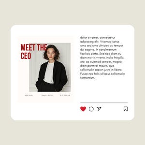 May include: A woman with dark hair and wearing a black blazer and white shirt stands in front of a white wall. The text "MEET THE CEO" is in red letters above her head. The text below her reads "dolor sit amet, consectetur adipiscing elit. Vivamus luctus urna sed urna ultricies ac tempor dui sagittis. In condimentum facilisis porta. Sed nec diam eu diam mattis viverra. Nulla fringilla, orci ac euismod semper, magna diam porttitor mauris, quis sollicitudin sapien justo in libero. Fusce nec felis id lacus sollicitudin fermentum."