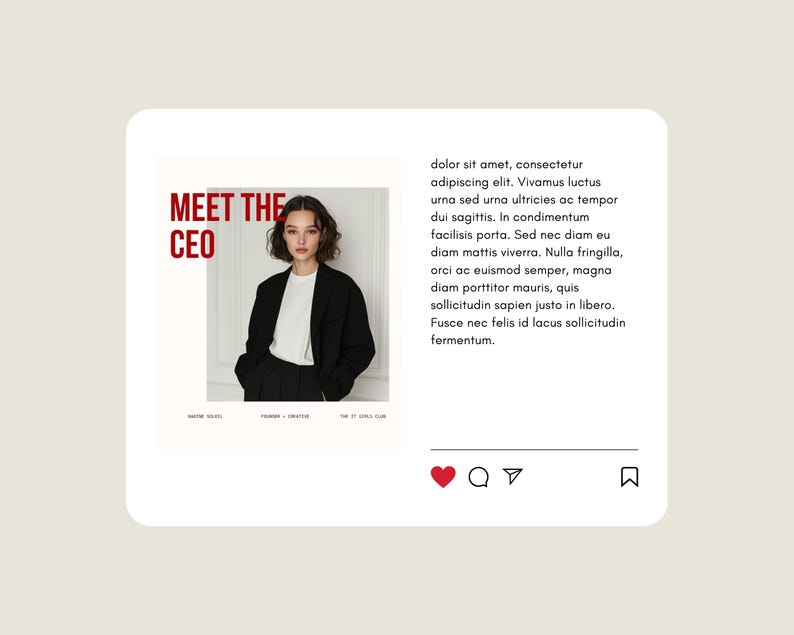 May include: A woman with dark hair and wearing a black blazer and white shirt stands in front of a white wall. The text "MEET THE CEO" is in red letters above her head. The text below her reads "dolor sit amet, consectetur adipiscing elit. Vivamus luctus urna sed urna ultricies ac tempor dui sagittis. In condimentum facilisis porta. Sed nec diam eu diam mattis viverra. Nulla fringilla, orci ac euismod semper, magna diam porttitor mauris, quis sollicitudin sapien justo in libero. Fusce nec felis id lacus sollicitudin fermentum."