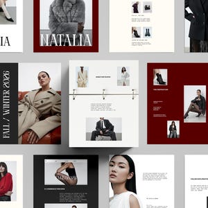Puede incluir: Páginas de revista de moda con modelos que presentan varios conjuntos. Las páginas incluyen el texto "NATALIA" y "FALL / WINTER 2026". La paleta de colores es principalmente negro, blanco y rojo, mostrando ropa y accesorios.