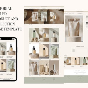 May include: A website homepage for a beauty brand called "Nome Beauty". The page features a variety of products, including body cream, face serum, and a salt scrub. The products are displayed on a light brown background with a minimalist design.