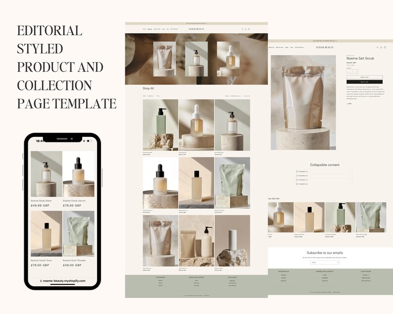 May include: A website homepage for a beauty brand called "Nome Beauty". The page features a variety of products, including body cream, face serum, and a salt scrub. The products are displayed on a light brown background with a minimalist design.