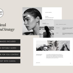 May include: A minimalist brand strategy presentation with a neutral color palette. The design includes a logo, the title "Minimal Brand Strategy", and text boxes with the phrases "IMAGES INCLUDED", "52 EDITABLE SLIDES", "DONE FOR YOU CONTENT", and "EDIT WITH CANVA".