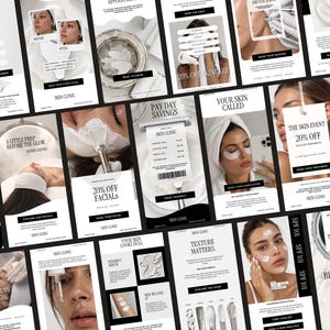 Può includere: Una raccolta di modelli di marketing digitale per una clinica della pelle con vari trattamenti, procedure facciali e offerte promozionali con sovrapposizioni di testo tra cui Skin Clinic, 20% Off, The Skin Event e Black Friday Event.