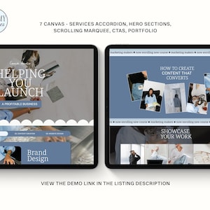 May include: Two black tablets displaying website design concepts. One tablet shows the text "Helping You Launch" and "Brand Design." The other tablet shows "How to Create Content That Converts" and "Showcase Your Work."