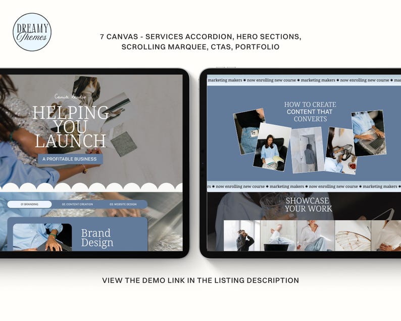 May include: Two black tablets displaying website design concepts. One tablet shows the text "Helping You Launch" and "Brand Design." The other tablet shows "How to Create Content That Converts" and "Showcase Your Work."