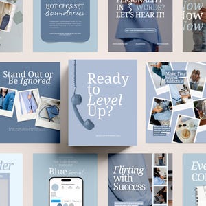 May include: A collection of light blue and white social media graphics with text overlays. The graphics promote business and marketing topics, including "Hot CEOs Set Boundaries" and "Ready to Level Up?"