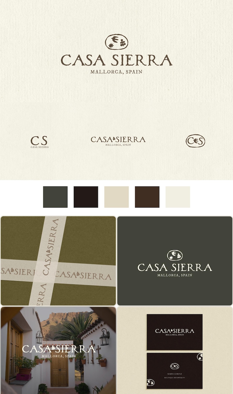 May include: A brand identity presentation for Casa Sierra Mallorca, Spain, featuring a logo with a bird and leaf icon, typography, a colour palette of dark green, black, beige, and brown, and mockups of business cards and signage.