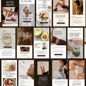 Könnte beinhalten: Eine Sammlung digitaler Marketingvorlagen mit Wellness- und Lifestyle-Bildern, einschließlich Textüberlagerungen wie Better Together, The Art of Dry Brushing, Pilates und Movement as Medicine, präsentiert in einem Rasterlayout mit neutralen Tönen.