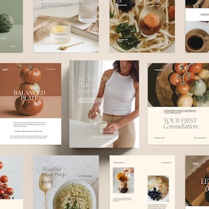 May include: A collection of twelve square social media graphics featuring food photography, including artichokes, pasta, tomatoes, and coffee, with overlaid text such as A Balanced Plate, Nutrition that fits your life, and Healthy Meal Prep.