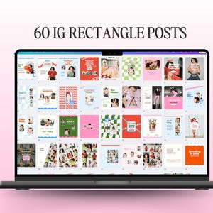 May include: A laptop screen displaying 60 Instagram rectangle posts. The posts feature a variety of colorful designs, including geometric patterns, text, and images of people. The text on the screen reads "60 IG RECTANGLE POSTS".
