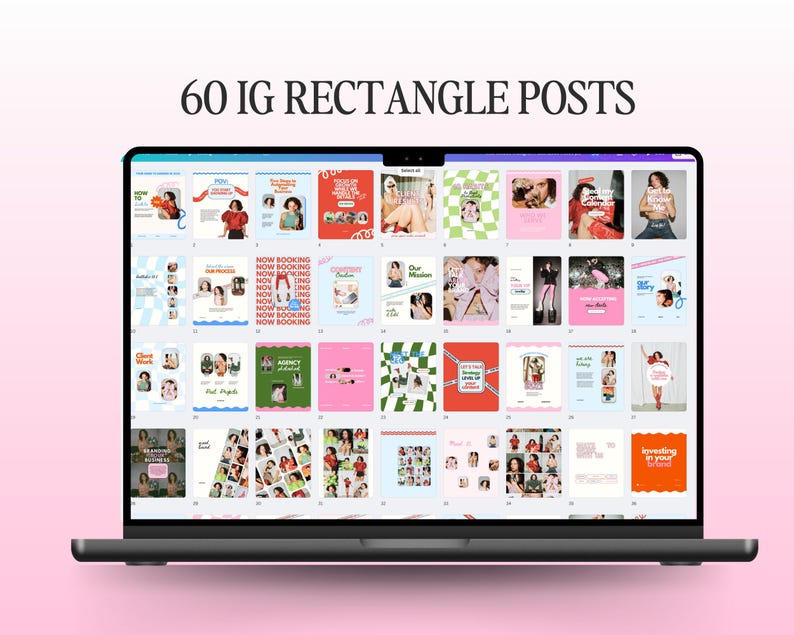May include: A laptop screen displaying 60 Instagram rectangle posts. The posts feature a variety of colorful designs, including geometric patterns, text, and images of people. The text on the screen reads "60 IG RECTANGLE POSTS".