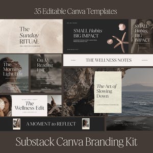 May include: A collection of 35 editable Canva templates for Substack branding, featuring neutral tones, serif typography, and imagery of seascapes, seashells, and people. Text includes The Sunday Ritual, Small Habits Big Impact, The Wellness Notes, The Morning Light Edit, On My Reading List, The Art of Slowing Down, The Wellness Edit, and A Moment to Reflect.