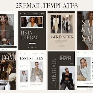 Könnte beinhalten: Eine Collage aus 25 E-Mail-Vorlagen für einen Online-Shop. Die Vorlagen bieten verschiedene Layouts und Designs, darunter Bilder von Models, die Kleidung tragen, Textüberlagerungen und Handlungsaufforderungen. Die Vorlagen sind für verschiedene E-Mail-Marketingkampagnen konzipiert, wie z. B. die Einführung neuer Produkte, Verkaufsaktionen und Willkommens-E-Mails.