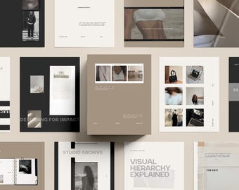 May include: A collection of design and fashion-related images and text layouts. The images include a person in a black outfit, a white top, a black handbag, and a laptop. The text includes the phrases "Designing for Impact" and "Visual Hierarchy Explained".