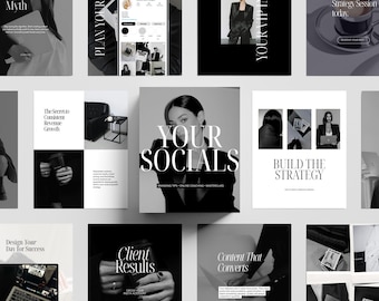 Könnte beinhalten: Eine Sammlung von Schwarz-Weiß-Bildern mit Textüberlagerungen. Die Bilder zeigen die Wörter "Myth", "Plan Your", "Your VIP", "Your Socials", "Build the Strategy", "Client Results" und "Content That Converts". Die Bilder beziehen sich auf Wirtschaft und Marketing.