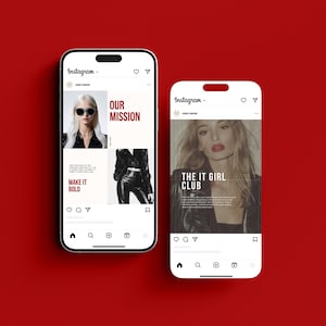 May include: Two Instagram phone screens on a red background. The left screen shows a woman wearing sunglasses and a black leather jacket with the text "Our Mission" and "Make it Bold". The right screen shows a woman with long blonde hair wearing a black leather jacket with the text "The It Girl Club".