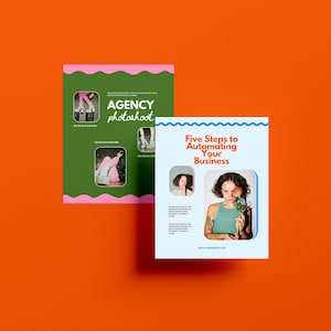 May include: Two flyers with a green and pink background and a blue and white background. The green and pink flyer has the text "AGENCY photoshoot" and images of people wearing clothing. The blue and white flyer has the text "Five Steps to Automating Your Business" and an image of a person holding a flower.