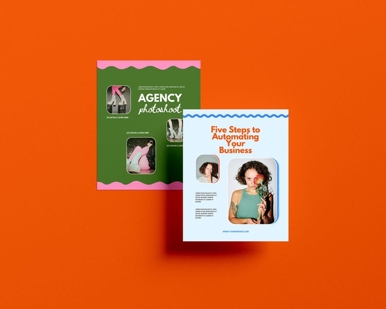 May include: Two flyers with a green and pink background and a blue and white background. The green and pink flyer has the text "AGENCY photoshoot" and images of people wearing clothing. The blue and white flyer has the text "Five Steps to Automating Your Business" and an image of a person holding a flower.