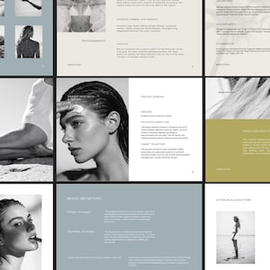 May include: A black and white marketing presentation with images of women and text. The presentation includes sections on psychographics, industry overview, brand archetypes, and action plans. The images feature women in various poses.