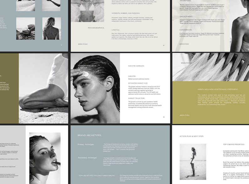 May include: A black and white marketing presentation with images of women and text. The presentation includes sections on psychographics, industry overview, brand archetypes, and action plans. The images feature women in various poses.