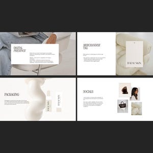 May include: A four-panel brand identity presentation featuring text and imagery. Panels include Digital Presence, Merchandise Tag with the text BALA SKIN, Packaging with BALA SKIN branding on containers, and Socials with various lifestyle photographs.
