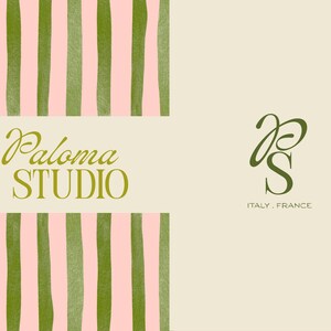 May include: A digital art design featuring a cream-colored background with the text "Paloma STUDIO" in a gold script font. The design includes vertical stripes in pink and green, and a logo with the text "ITALY . FRANCE".