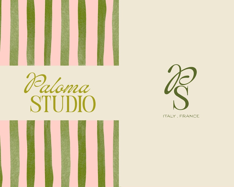 May include: A digital art design featuring a cream-colored background with the text "Paloma STUDIO" in a gold script font. The design includes vertical stripes in pink and green, and a logo with the text "ITALY . FRANCE".
