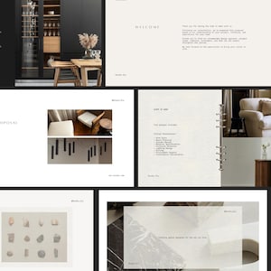 May include: A multi-page digital project proposal document featuring interior design concepts. The layout includes text headers like Welcome, Project Proposal, and Scope of Work, alongside photographs of modern furniture, room interiors, and stone samples.
