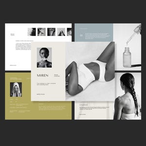 May include: A black and white collage featuring a woman in white lingerie, a woman with a flower, a woman with a towel on her head, and a bottle with a dropper. The word "MIREN" is visible.