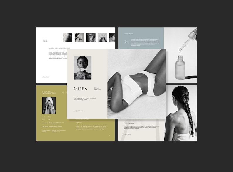 May include: A black and white collage featuring a woman in white lingerie, a woman with a flower, a woman with a towel on her head, and a bottle with a dropper. The word "MIREN" is visible.