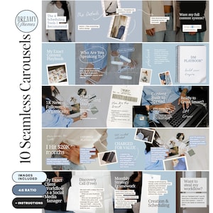 Könnte beinhalten: Ein digitales Produkt mit 10 nahtlosen Karussellvorlagen mit einem verträumten Thema. Die Vorlagen umfassen Themen wie Planungstools, Content-Erstellung und Social-Media-Management. Das Design verwendet ein hellblaues und weißes Farbschema.