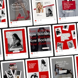 Könnte beinhalten: Eine Sammlung von Social-Media-Posts mit einem rot-weißen Farbschema. Jeder Post enthält ein Foto und Text mit Sätzen wie „Now Booking“, „Make Your Brand Addictive“ und „Who Are You Speaking To?“