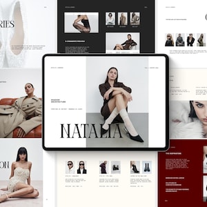 Può includere: Layout di catalogo di moda digitale con un tablet che mostra una donna in un completo marrone, con il nome "NATALIA" in grandi lettere nere. Le immagini circostanti mostrano abbigliamento e accessori, tra cui scarpe e capispalla.