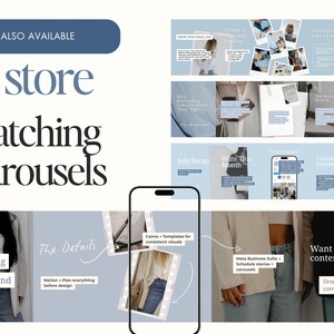 May include: A digital marketing graphic with the text "in store Matching Carousels" in a stylish font. The image includes a smartphone and several carousel examples with text and images, promoting content creation tools.