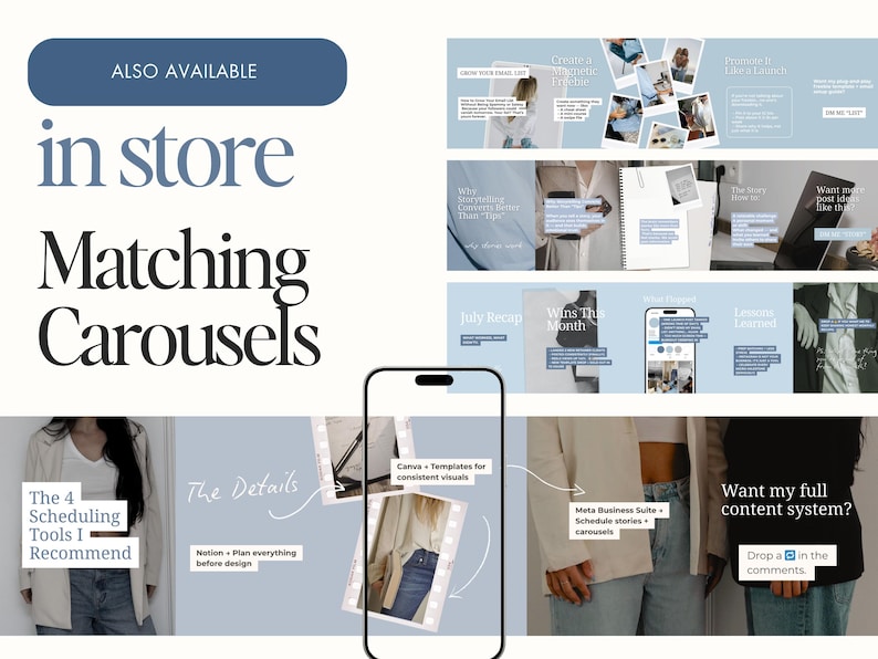 May include: A digital marketing graphic with the text "in store Matching Carousels" in a stylish font. The image includes a smartphone and several carousel examples with text and images, promoting content creation tools.