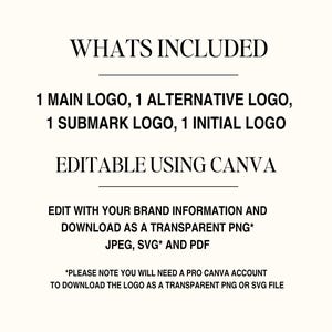 Text graphic on cream background stating Whats Included, 1 main logo, 1 alternative logo, 1 submark logo, 1 initial logo, editable using Canva.