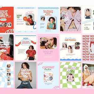 May include: A collage of 12 colorful Instagram story templates with text and images. The templates feature a variety of topics, including business, social media, and personal branding. Some of the text includes "Focus on Growth", "Steal my Content Calendar", "Get to Know Me", "Content Creation", "10 Habits to Boost Productivity", and "Client Results".