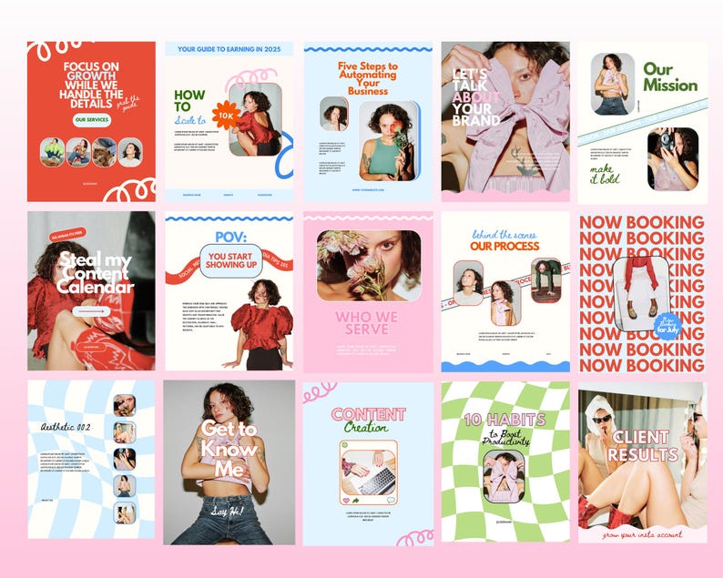 May include: A collage of 12 colorful Instagram story templates with text and images. The templates feature a variety of topics, including business, social media, and personal branding. Some of the text includes "Focus on Growth", "Steal my Content Calendar", "Get to Know Me", "Content Creation", "10 Habits to Boost Productivity", and "Client Results".