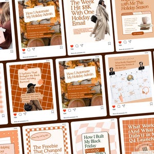 May include: A series of Instagram-style posts with a consistent design. Each post has text on a light orange background with a white border. The posts discuss topics such as holiday admin, client onboarding, and business strategies.