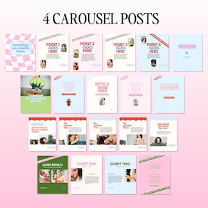 May include: A carousel of social media marketing tips and client results. The carousel includes tips on how to create engaging content, common social media myths, and client testimonials. The carousel is designed in a pink and green color scheme with a playful font.