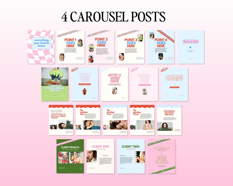 May include: A carousel of social media marketing tips and client results. The carousel includes tips on how to create engaging content, common social media myths, and client testimonials. The carousel is designed in a pink and green color scheme with a playful font.