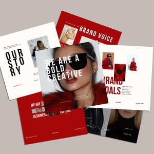 May include: A collection of white pages with red accents, featuring a woman wearing sunglasses and a red fur coat. The pages contain text about a brand's story, voice, and goals. The text includes phrases like "We are a bold creative" and "Our story".