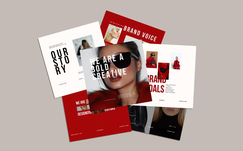 May include: A collection of white pages with red accents, featuring a woman wearing sunglasses and a red fur coat. The pages contain text about a brand's story, voice, and goals. The text includes phrases like "We are a bold creative" and "Our story".