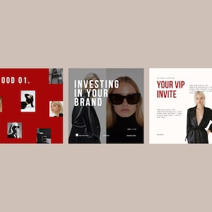 May include: Three social media posts with a red and white color scheme. The first post has the text "MOOD 01." and features a collage of images of people. The second post has the text "INVESTING IN YOUR BRAND." and features a woman wearing sunglasses and a black turtleneck. The third post has the text "YOUR VIP INVITE." and features a woman wearing a black satin robe.