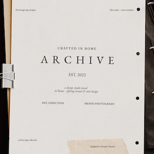 May include: A white paper document featuring the text CRAFTED IN ROME ARCHIVE EST. 2023, a design studio based in Rome offering brand and web design, art direction, and brand photography. The document includes 30 heritage logo designs.