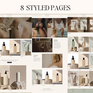 May include: A website homepage for a natural skincare brand, featuring images of products, models, and text about natural skincare. The website is designed in a minimalist style with a light background and a simple layout.