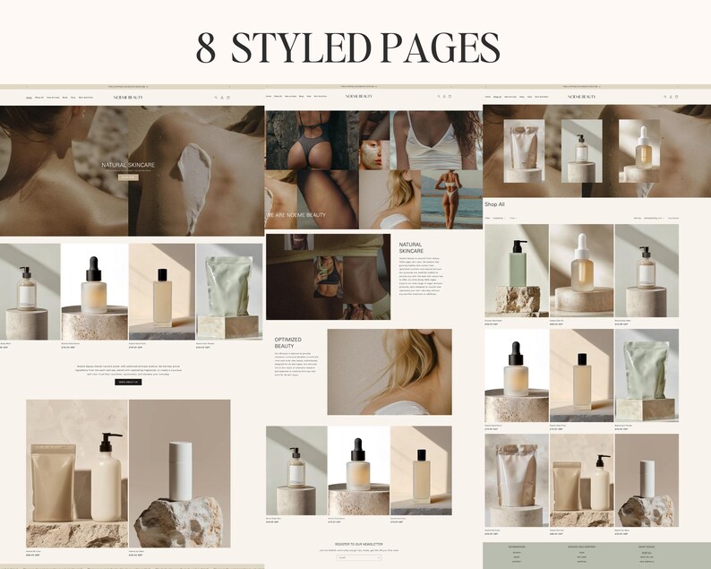 May include: A website homepage for a natural skincare brand, featuring images of products, models, and text about natural skincare. The website is designed in a minimalist style with a light background and a simple layout.