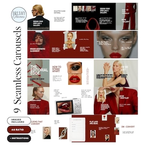Könnte beinhalten: Ein digitales Produkt mit 9 nahtlosen Karussellvorlagen in Rot und Weiß. Die Vorlagen enthalten Texte wie "Design Your Grid Like a Gallery" und "Flat Lays Are Dead". Das Bild enthält auch eine Kamera und ein Notizbuch.