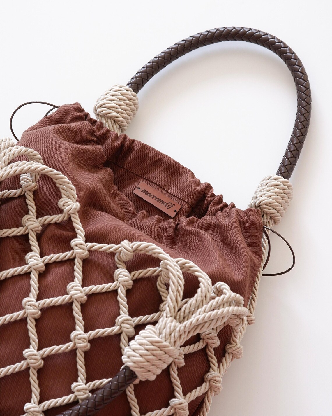 Handmade Macrame Fishnet Bag | Luxury Linen Pouch | Leather Handle ...